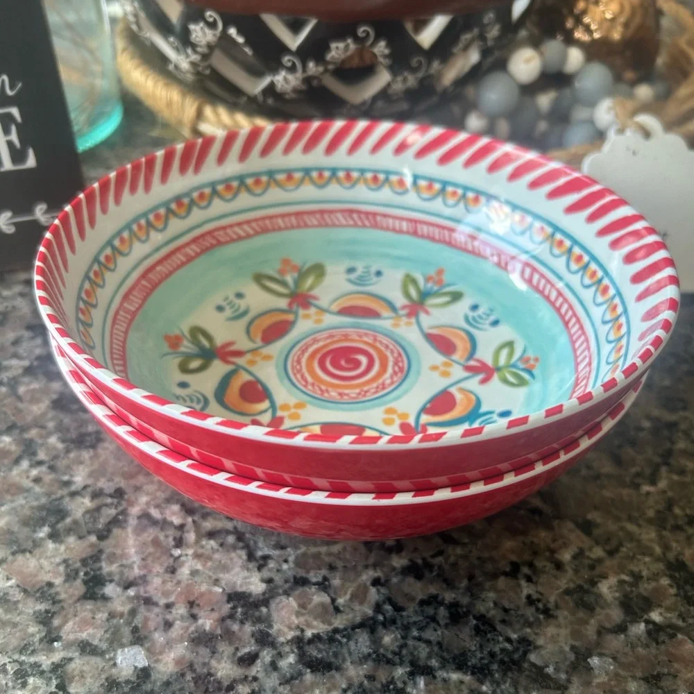 ✨Rachel Roy Red Blue Spanish Style Tile Medallion Melamine Cereal Bowls Set Of 2